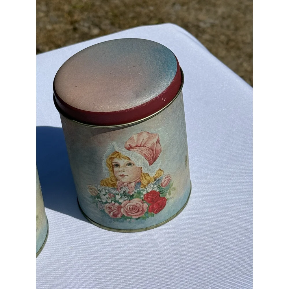 Vintage Metal Round 3 Tin Canister Victorian Women Girl Pink Floral Bonnet